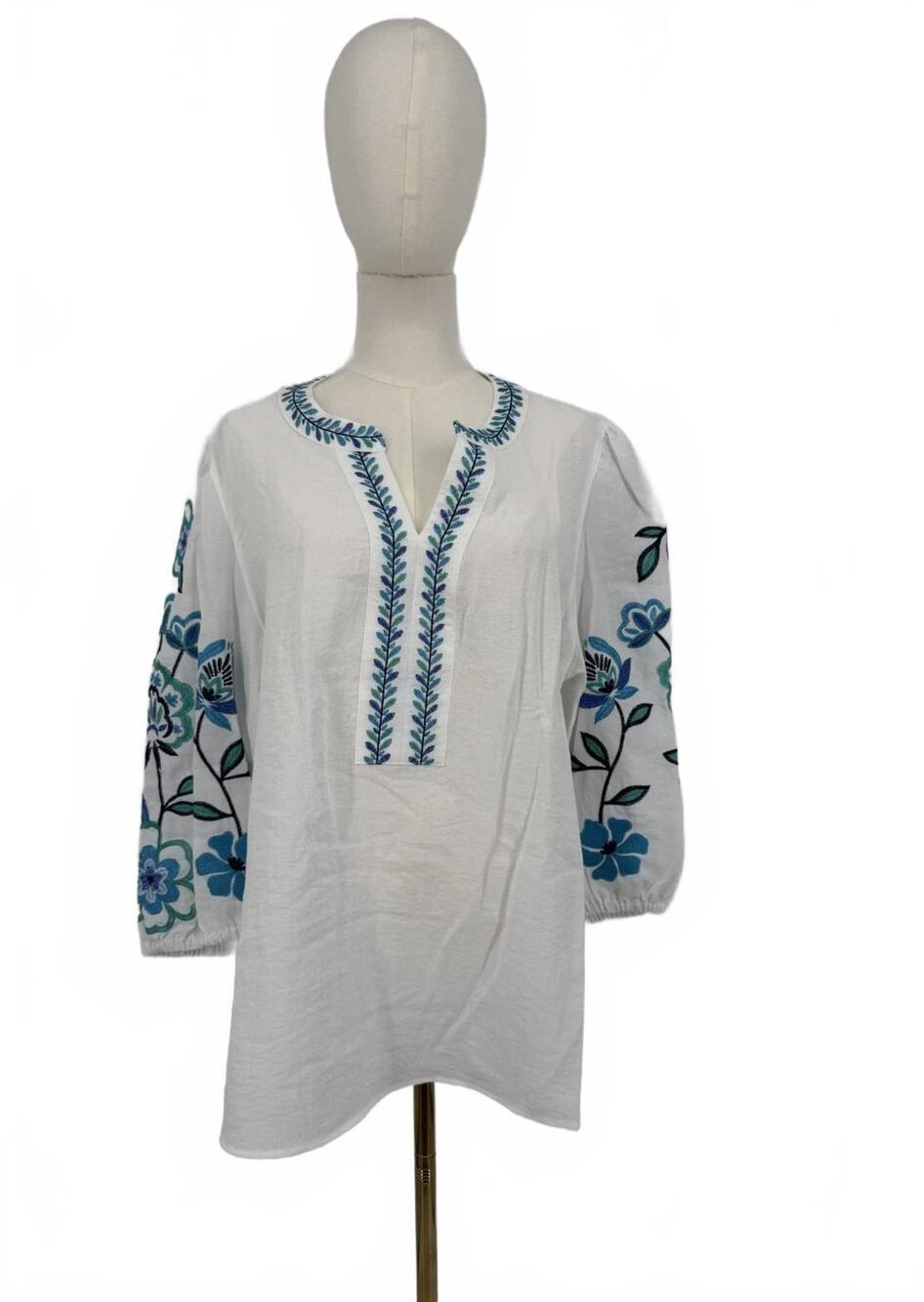 NEW MULTIPLES women's embroidered notch-neck woven top in white/ teal/ periwinkl